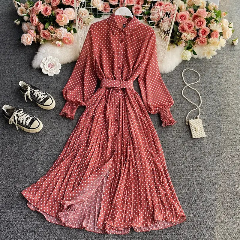 Polka Dot Chiffon Pleated Long Dress with Waist and Shirt Collar - LauBelle