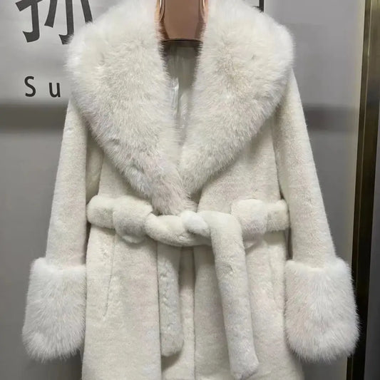 White Faux Mink Fur Coat with Belt and Cropped Silhouette - LauBelle Brand