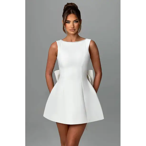 Bowback Pearl Satin Midi Dress with A Line Silhouette - LauBelle