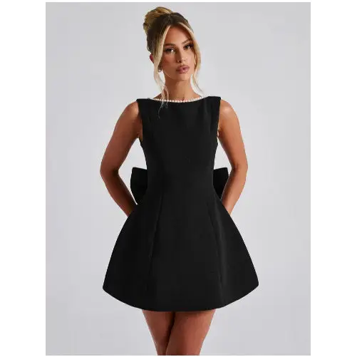 Bowback Pearl Satin Midi Dress with A Line Silhouette - LauBelle