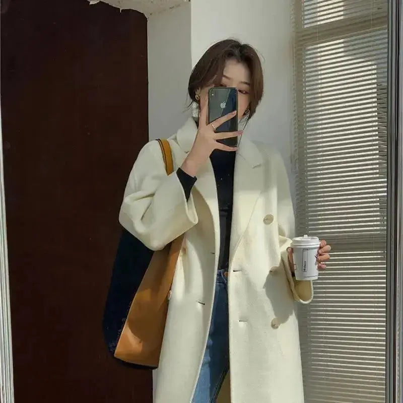 Cream Wool Long Coat for Women - LauBelle Brand