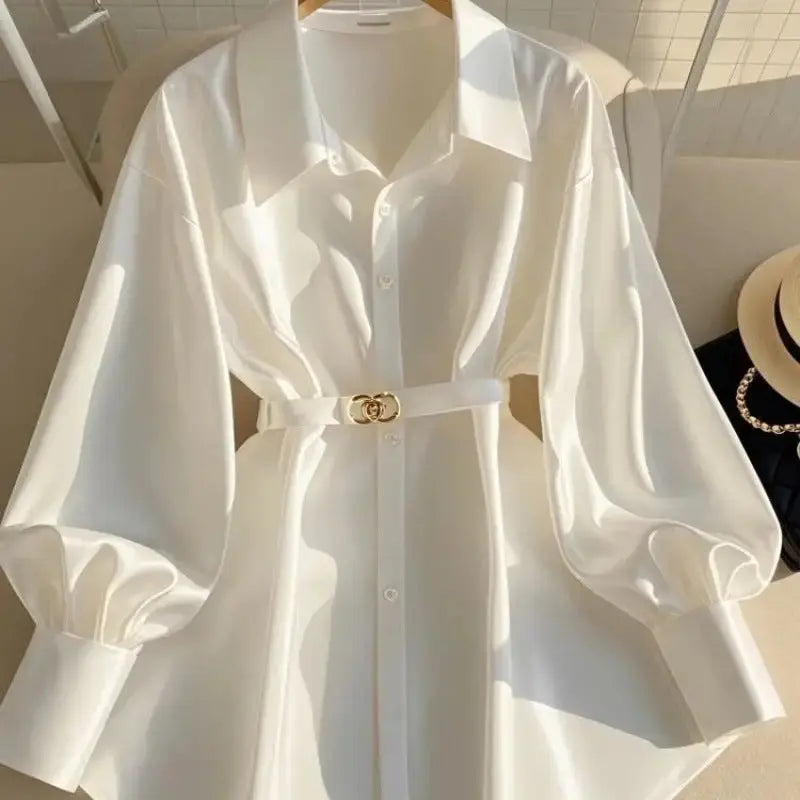 Elegance White Luxe Belted Shirt Dress for Women - LauBelle