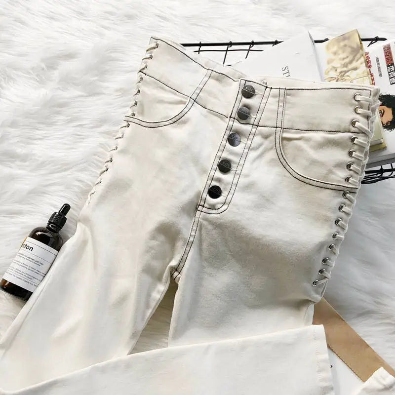 FlexiFit Drawstring White Jeans with Breathable Fabric - LauBelle