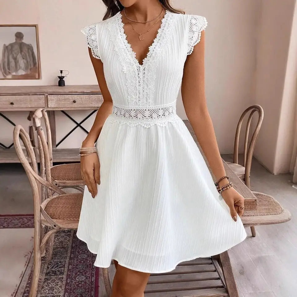 Hollow V-Neck Dress with Elongated Neckline - LauBelle