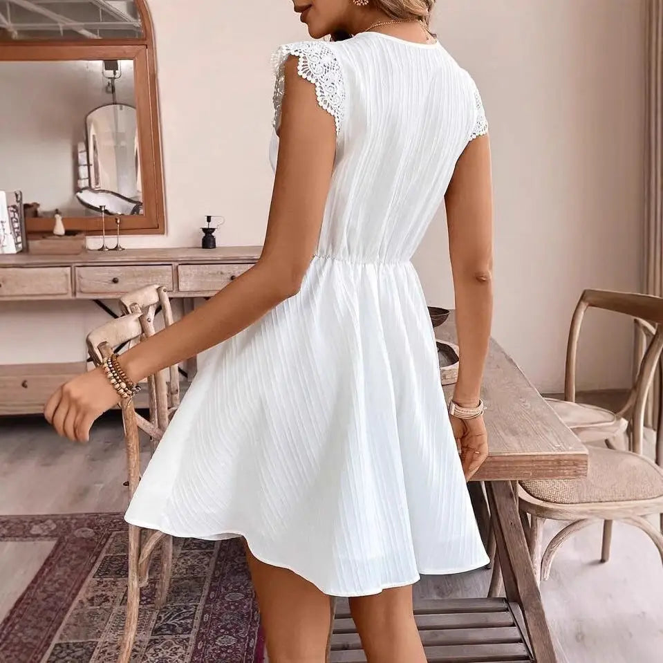 Hollow V-Neck Dress with Elongated Neckline - LauBelle