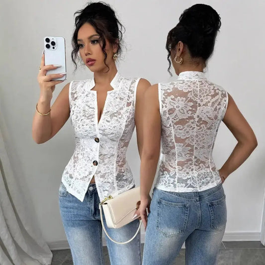 Lace Lapel Hollow Chest Cardigan for Elegant Layering - LauBelle