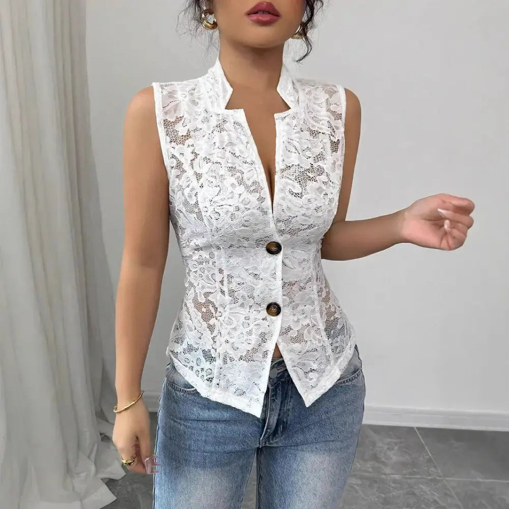 Lace Lapel Hollow Chest Cardigan for Elegant Layering - LauBelle