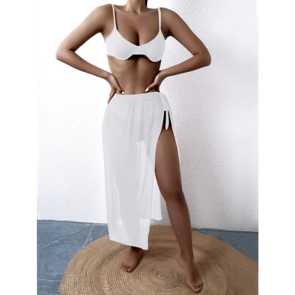 Mesh Bliss Three Piece Skirt Bikini Set with Flowing Mesh Skirt - LauBelle