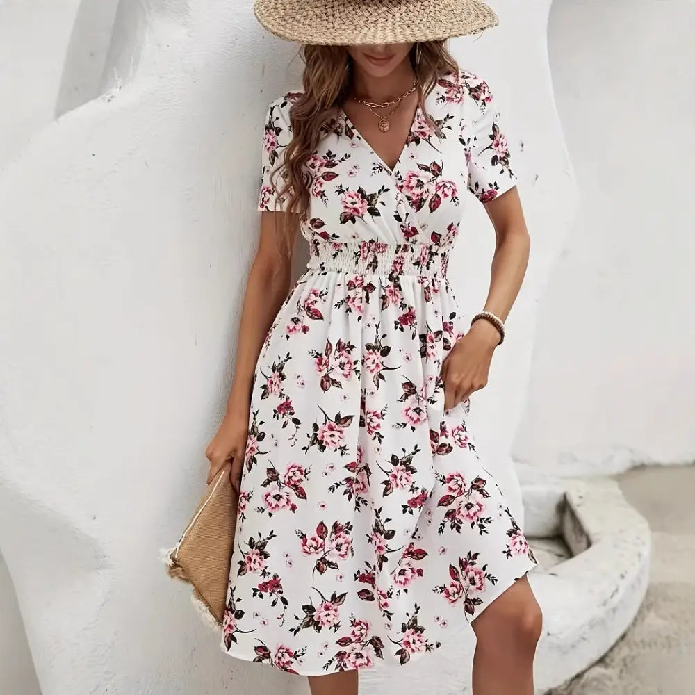 Printed Cross Collar Dress with Sophisticated Design - LauBelle