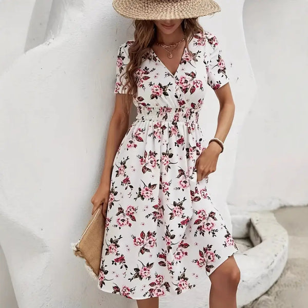 Printed Cross Collar Dress with Sophisticated Design - LauBelle