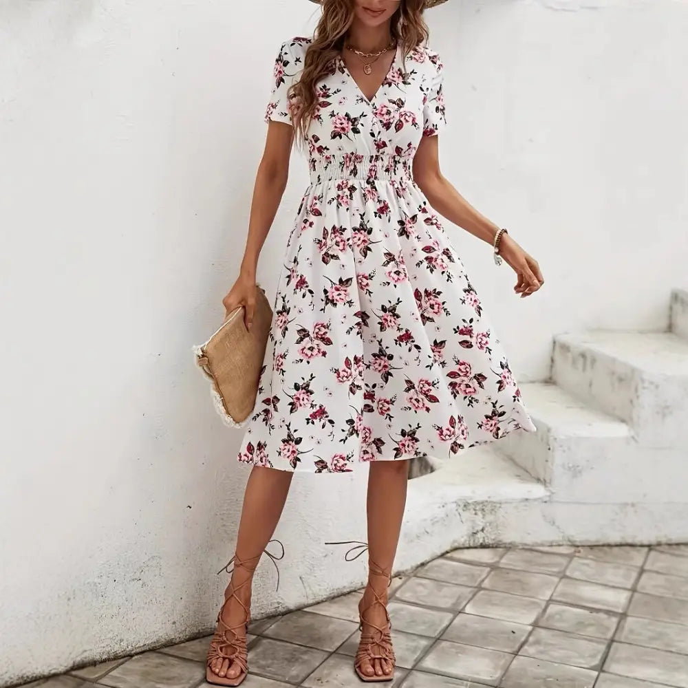 Printed Cross Collar Dress with Sophisticated Design - LauBelle