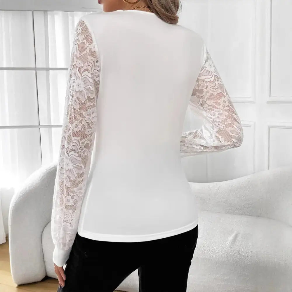Radiant Lace V-Neck Rhinestone Lantern Sleeve Top in White - LauBelle