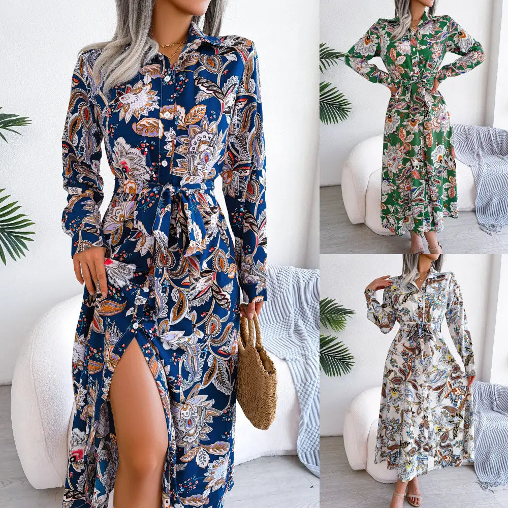 Retro Flower Tie Dress with Vibrant Floral Print - LauBelle