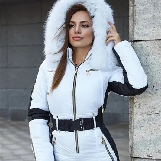 SportyHood White and Black Ski Suit with Fur Hood - LauBelle