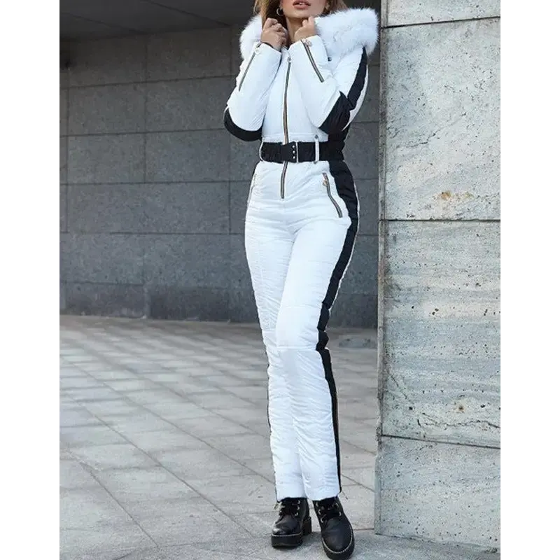 SportyHood White and Black Ski Suit with Fur Hood - LauBelle Brand