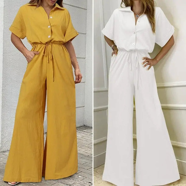 Turnover Collar High Waist Wide Leg Jumpsuit for Work - LauBelle