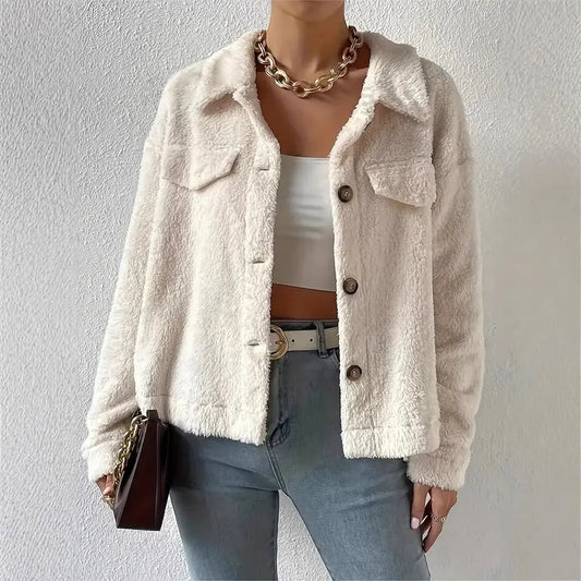 Velvety White Woolen Lapel Coat for Warmth and Comfort - LauBelle Brand