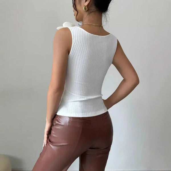 White Ribbed Floral Shoulder Knit Sleeveless Top - LauBelle