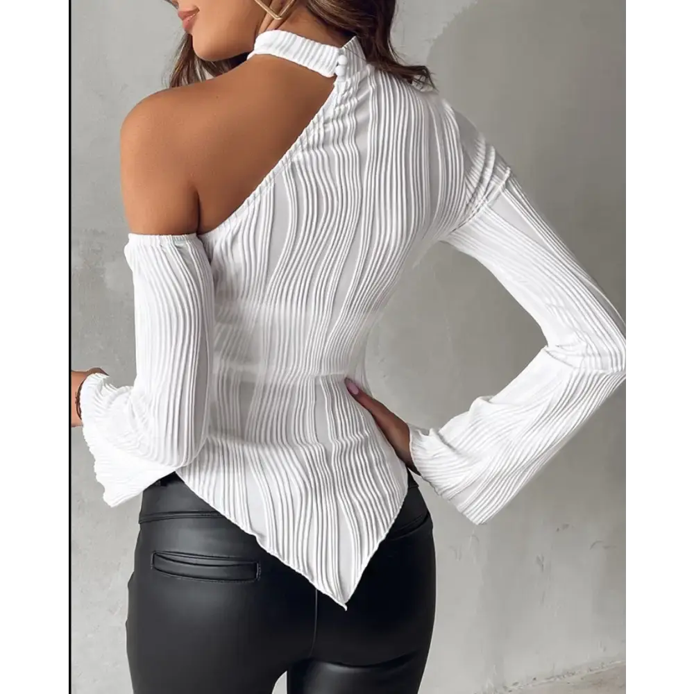 White Textured Asymmetrical Long Sleeve Cotton Top - LauBelle Brand