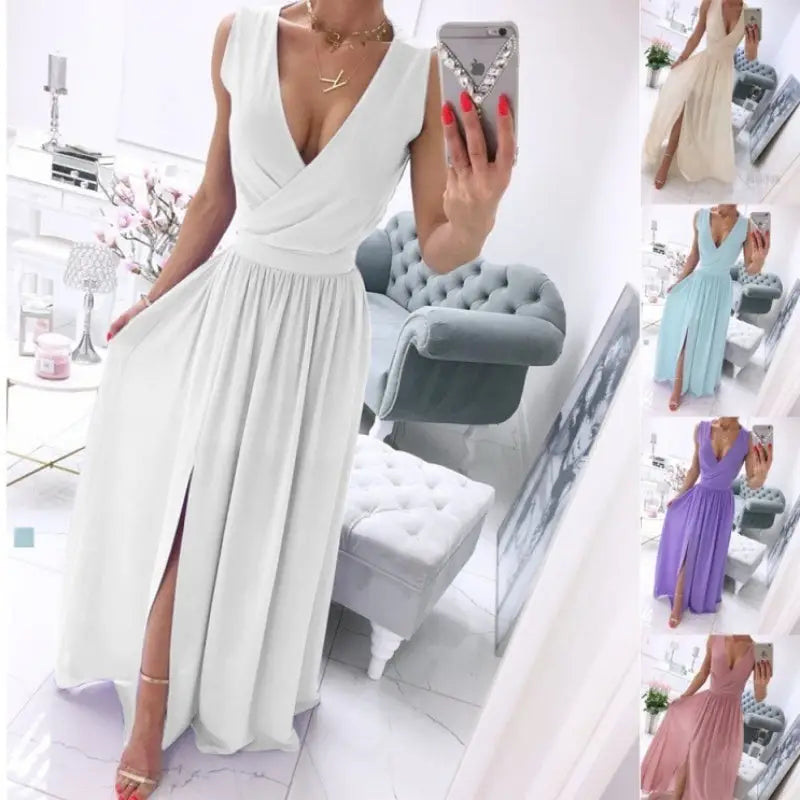 Womens Sleeveless V Neck Front Split Long Summer Dress - LauBelle