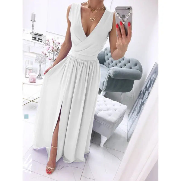 Womens Sleeveless V Neck Front Split Long Summer Dress - LauBelle
