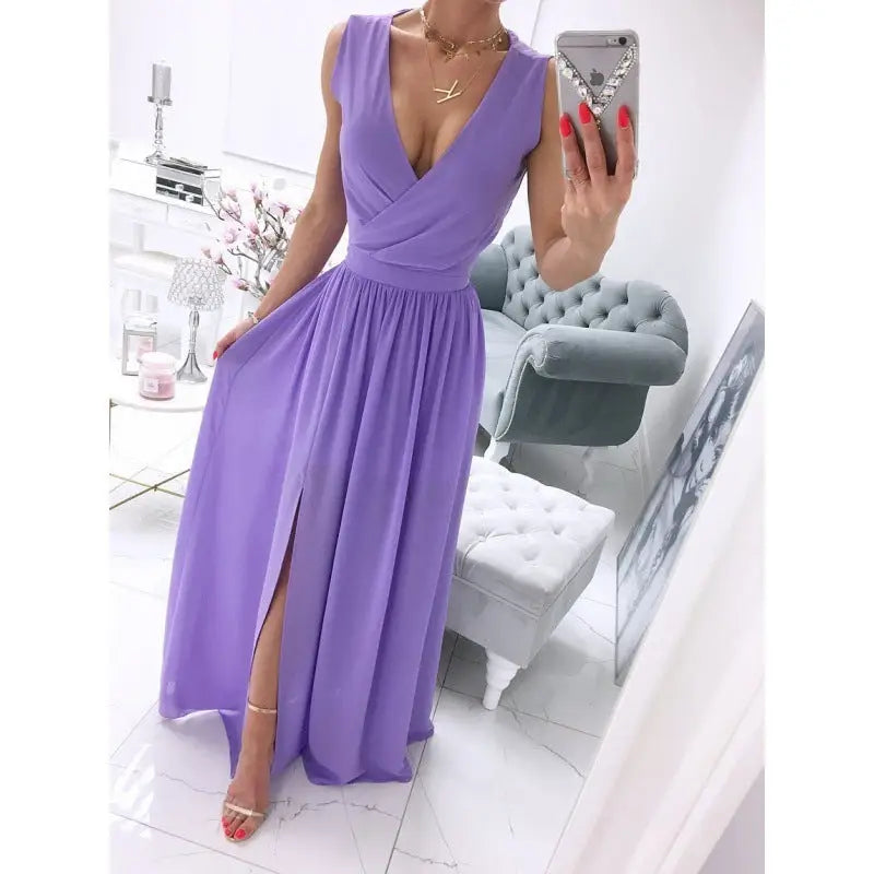 Womens Sleeveless V Neck Front Split Long Summer Dress - LauBelle