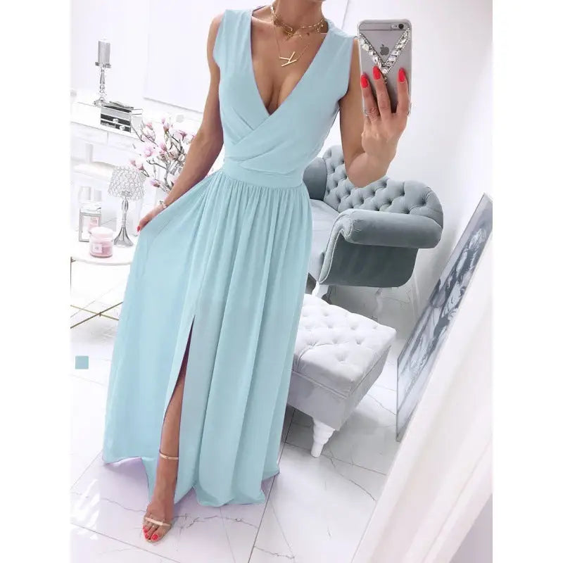 Womens Sleeveless V Neck Front Split Long Summer Dress - LauBelle