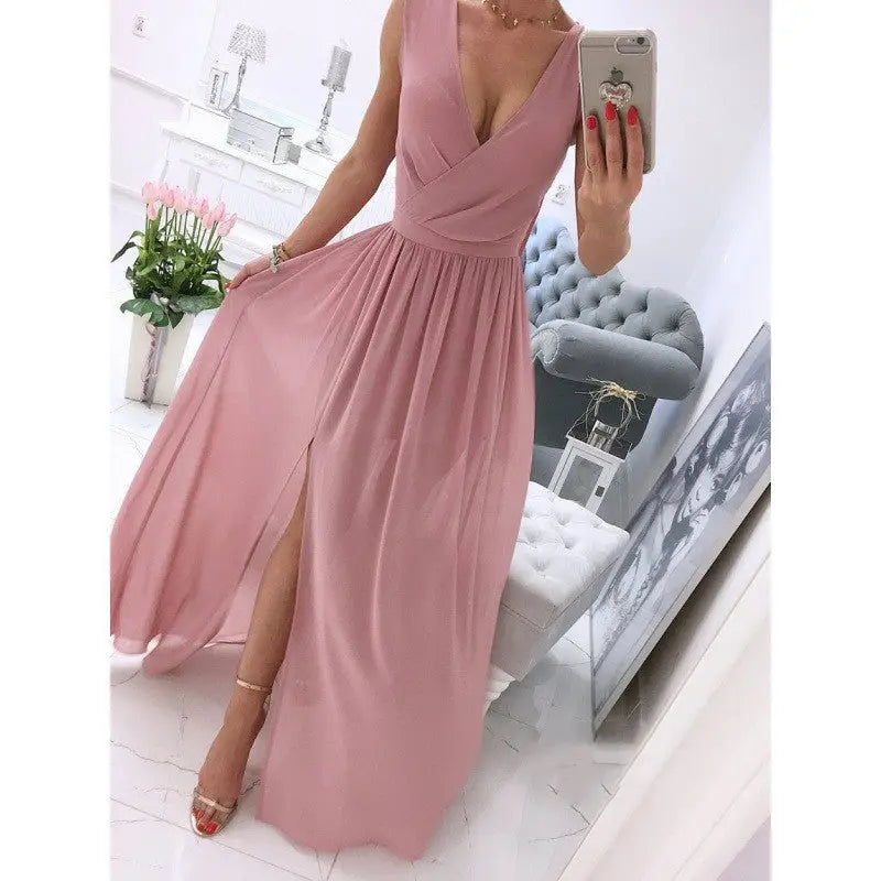 Womens Sleeveless V Neck Front Split Long Summer Dress - LauBelle