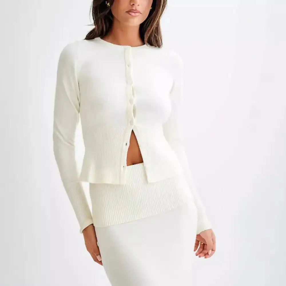 Taupe Knit Cardigan and Mermaid Skirt Mid-Dress Set - LauBelle