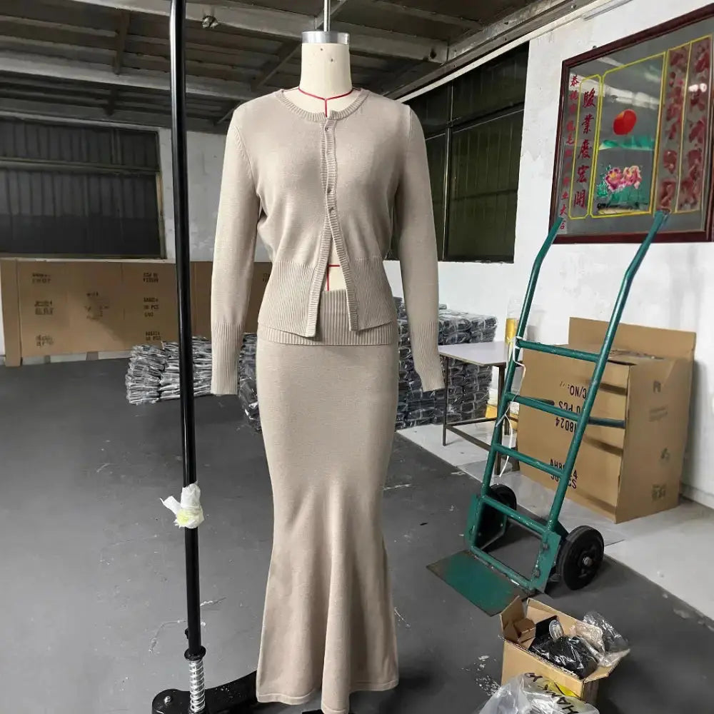 Taupe Knit Cardigan and Mermaid Skirt Mid-Dress Set - LauBelle