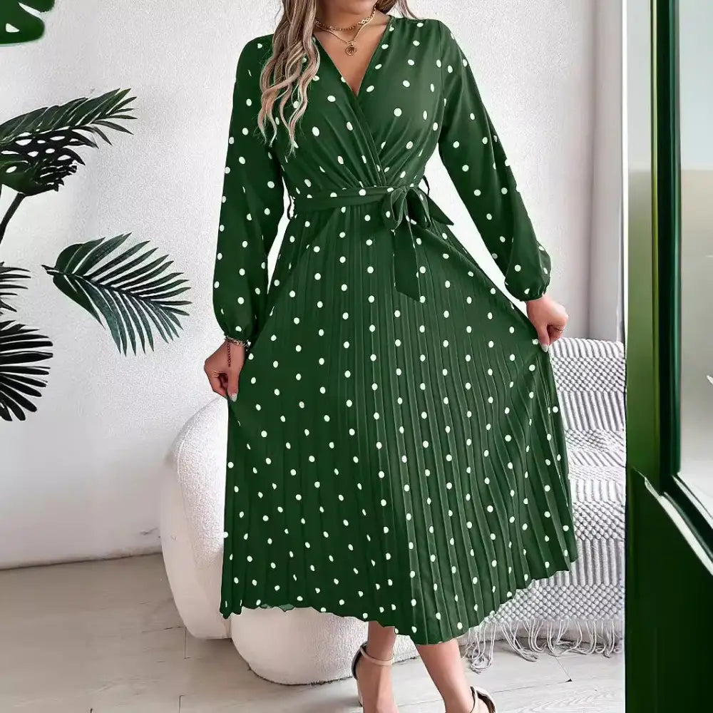 Polka Dot Pleated Maxi Dress for Elegant Comfort - LauBelle Brand