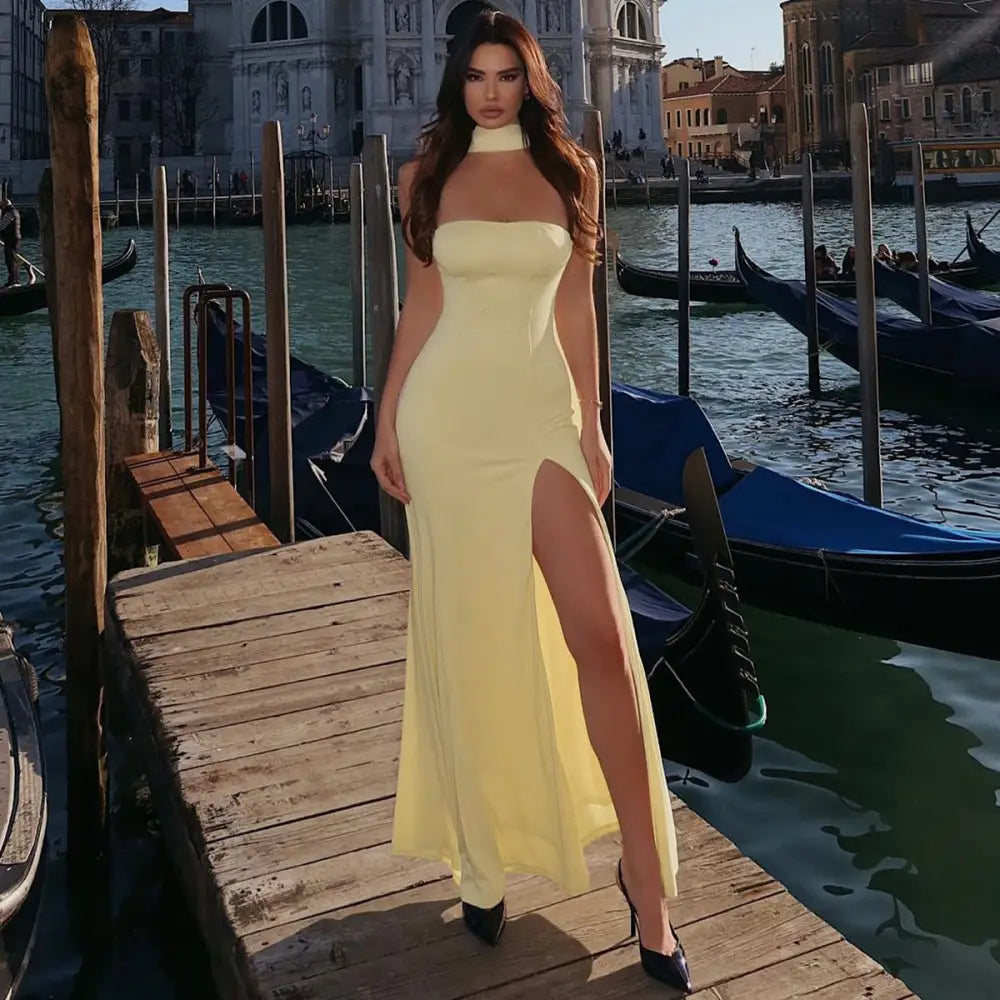 Fashion Tube Top Slit Slim Fit Solid Color Dress - LauBelle