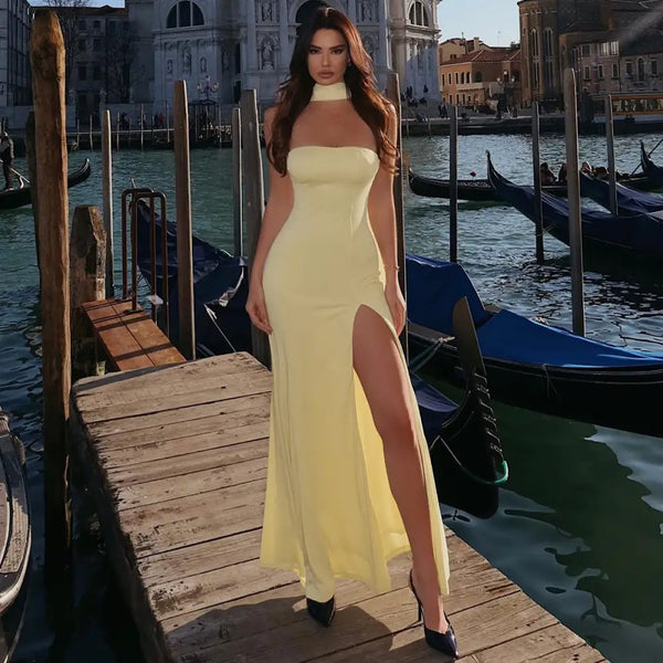 Fashion Tube Top Slit Slim Fit Solid Color Dress - LauBelle