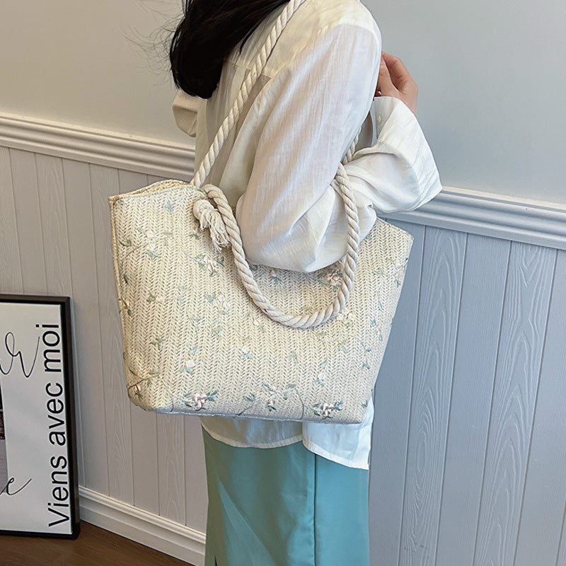 Floral Lace Straw Tote - Women's Trendy Shoulder Bag - LauBelle Brand