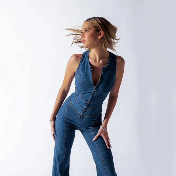 Retro Heart-Back Halter Denim Jumpsuit for Women - LauBelle