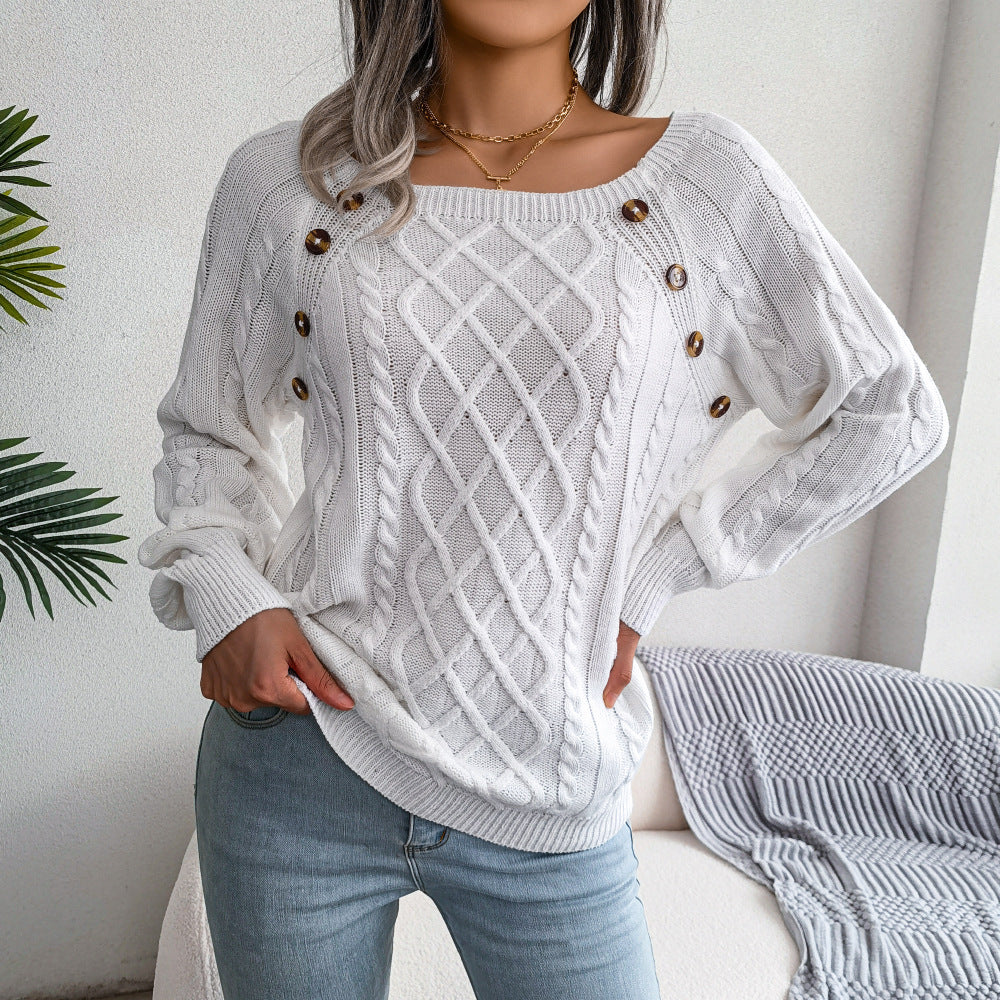 Buttoned Bliss: Square Neck Knit Winter Sweater - LauBelle