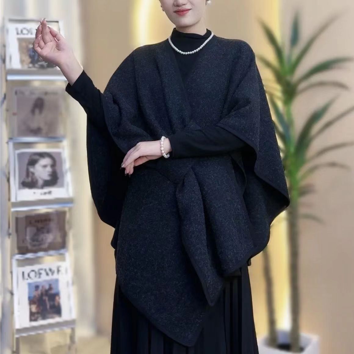 Fur Collar Fur Ball Knitted Cardigan Cape And Shawl - LauBelle