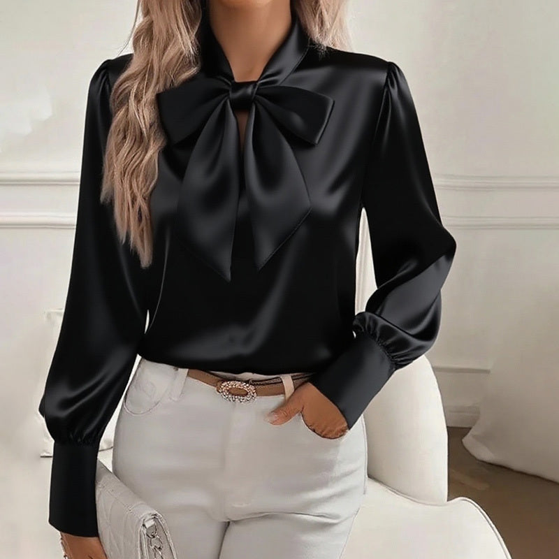 Satin Bow Blouse - Women's Casual Long Sleeve Top - LauBelle