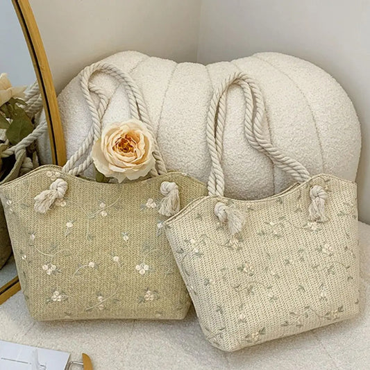 Floral Lace Straw Tote - Women's Trendy Shoulder Bag - LauBelle Brand