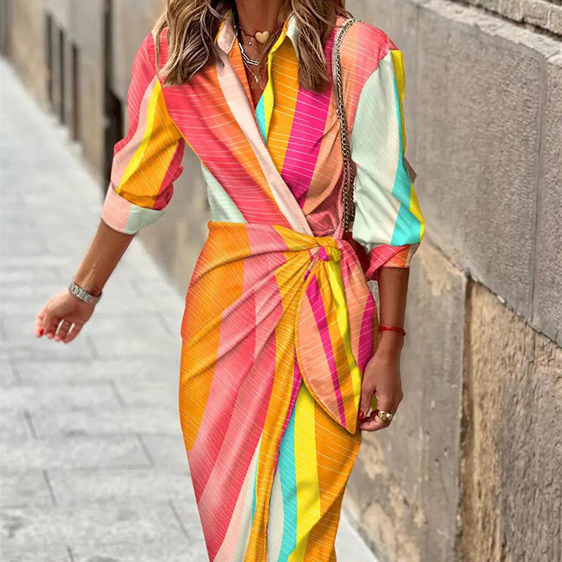Chic Print Belted Slim Shirt Dress—3/4 Sleeve Lapel - LauBelle Brand