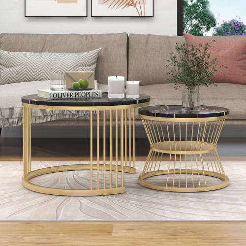 Moderne Nesting Coffee Table Set with Marble Veneer Round Design