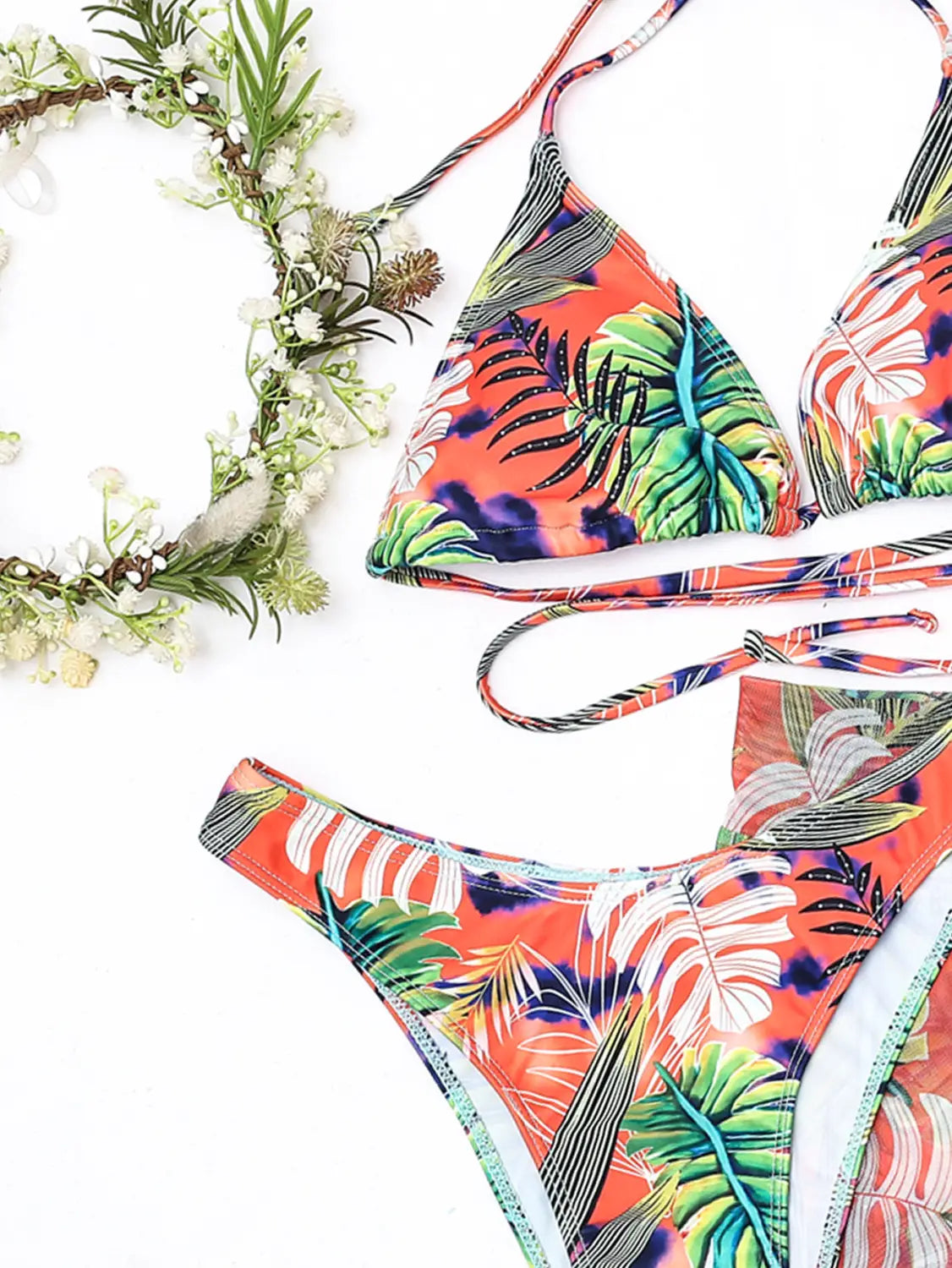 Big Flower Leaf Three Piece Swimsuit Bikini