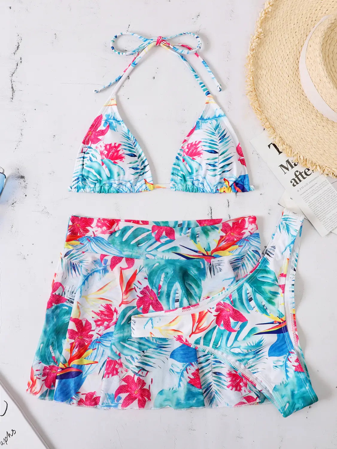 Big Flower Leaf Three Piece Swimsuit Bikini