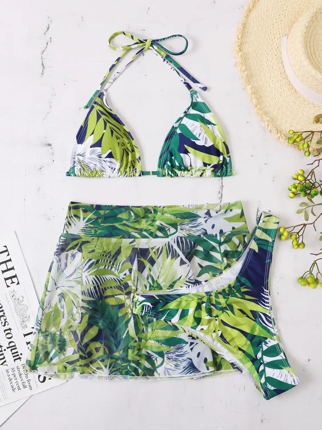 Big Flower Leaf Three Piece Swimsuit Bikini