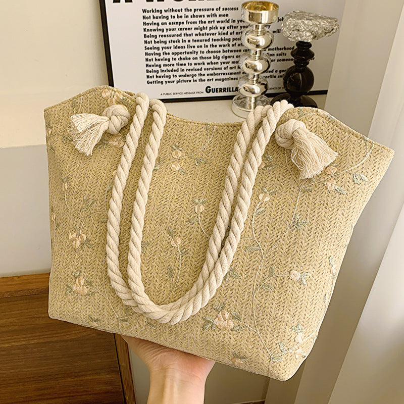 Floral Lace Straw Tote - Women's Trendy Shoulder Bag - LauBelle Brand