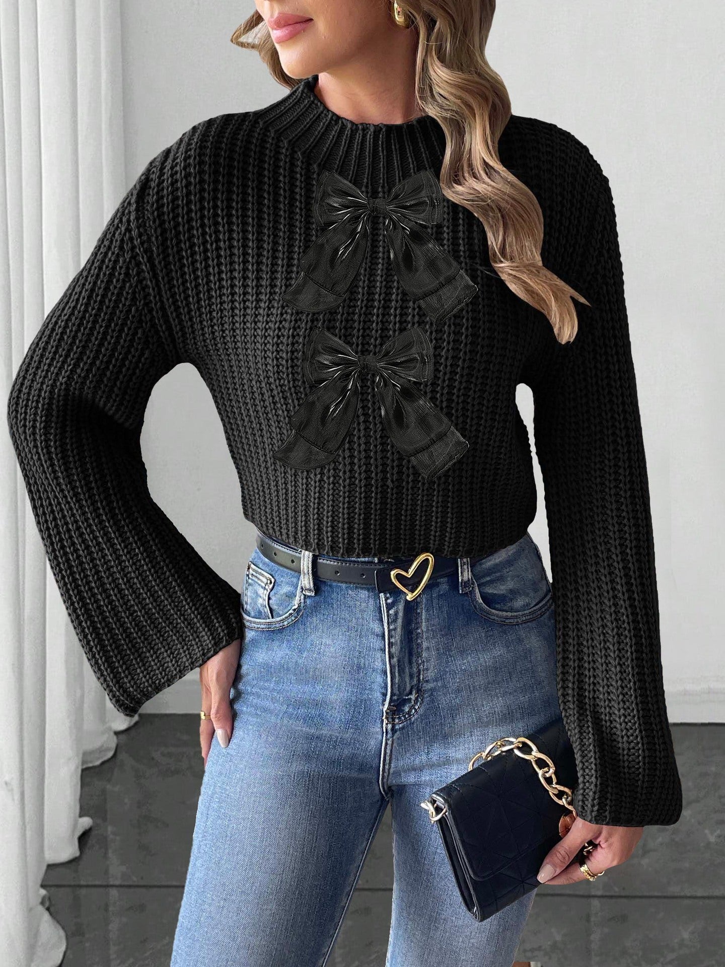 ChicFlare: Patchwork Bow Mock-Neck Sweater - LauBelle