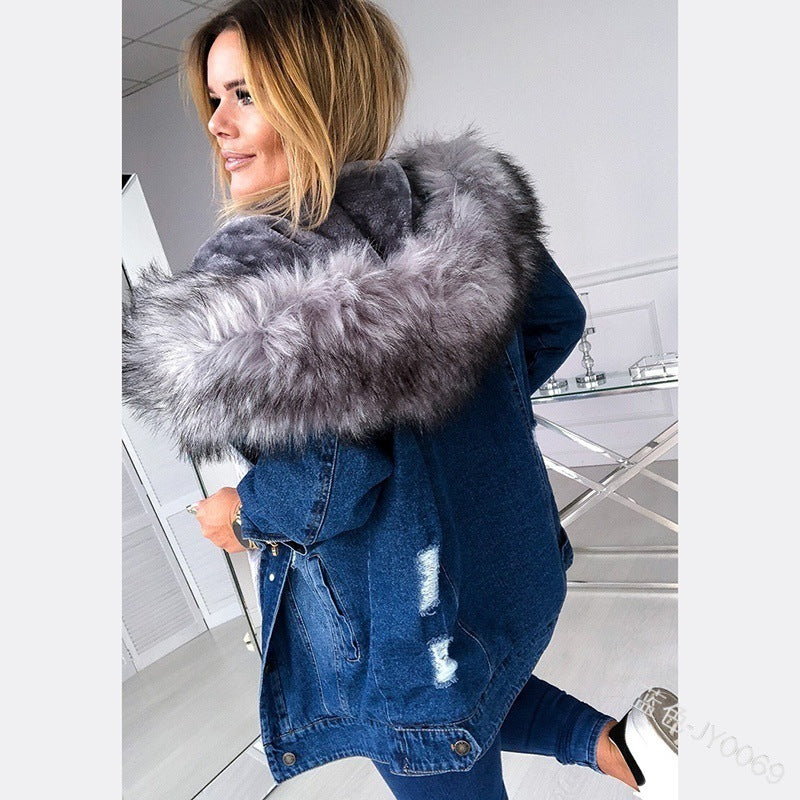 CozyChic Denim: Fur-Collar Mid-Length Coat - LauBelle