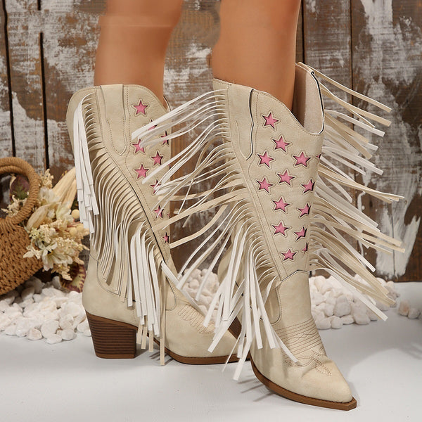 Fashion High Heel Tassel Embroidery Women's Leather Boots - LauBelle