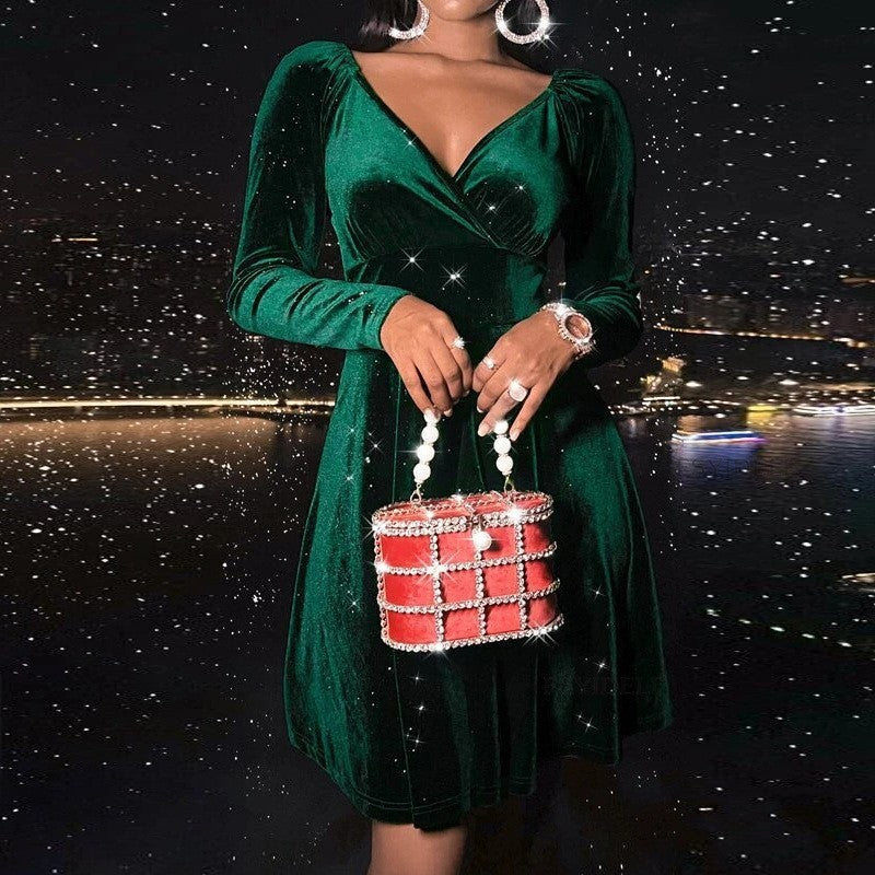 Autumn Festival Christmas Long Sleeve V-neck Dress - LauBelle