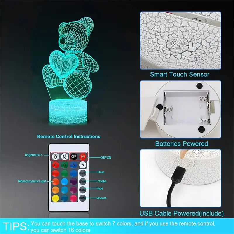 3D Teddy Bear Optical Acrylic Night Light